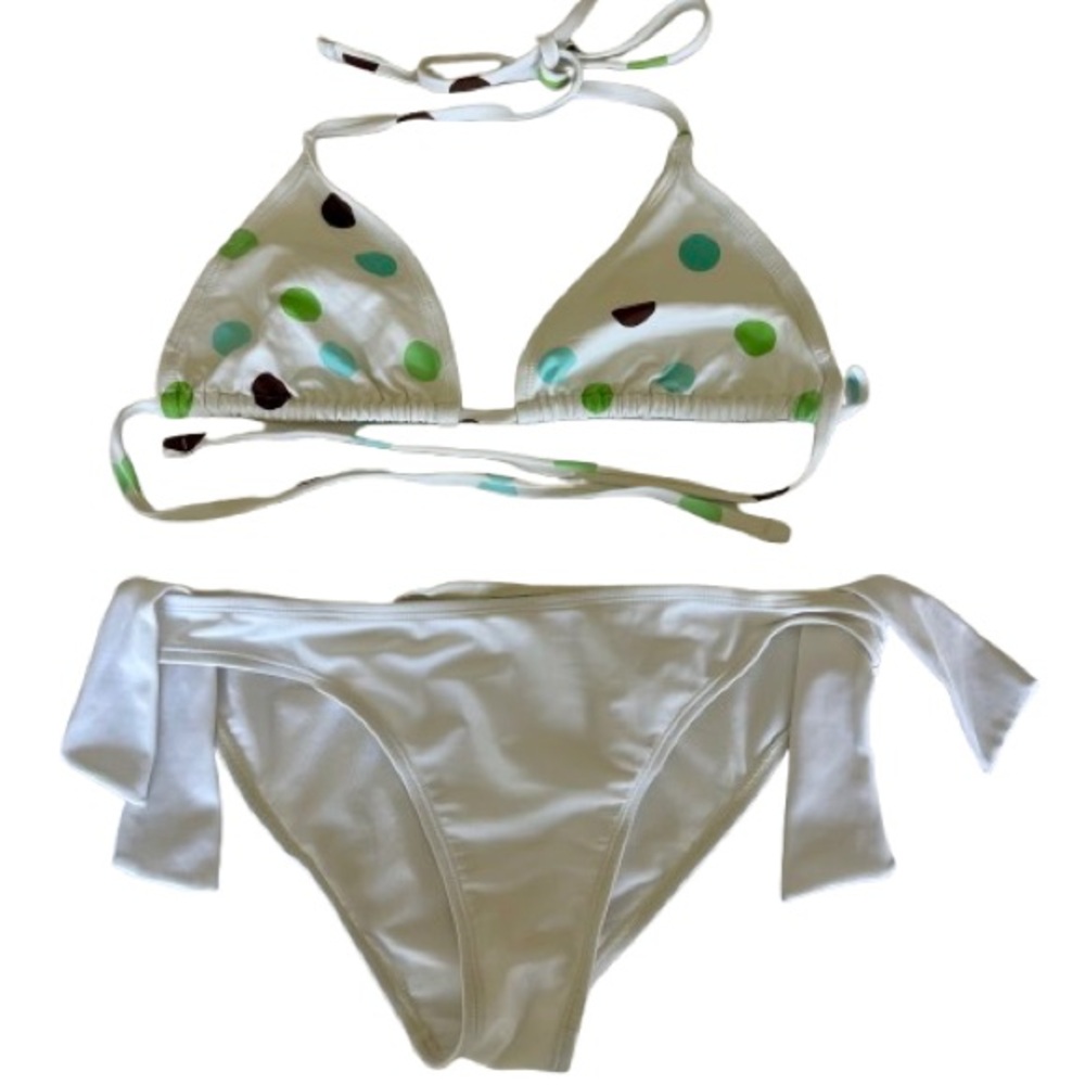 White Polka Dot String Bikini Set With Tie Side Bottoms Adjustable Halter Size M - Picture 3 of 13
